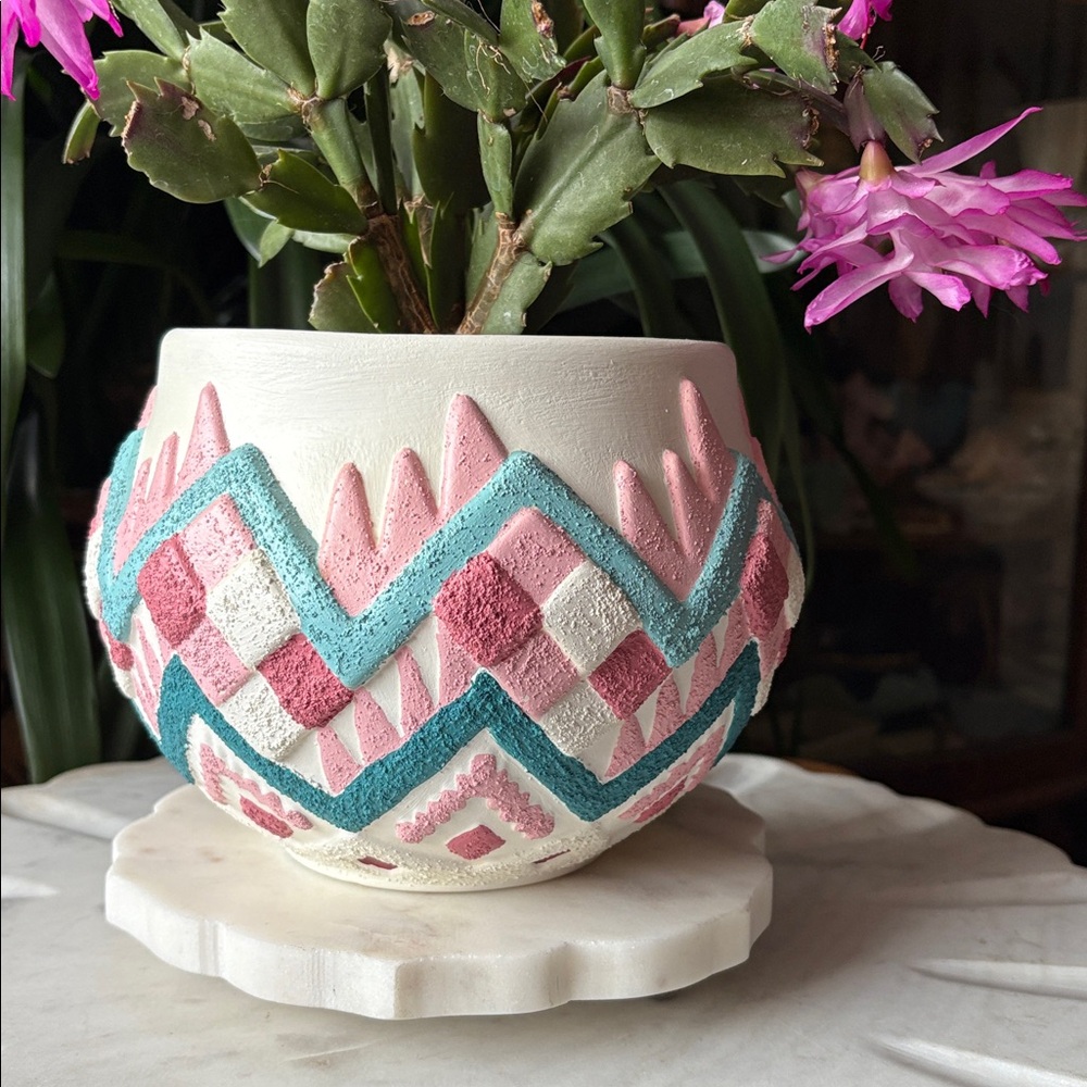 Vintage Atlantic Mold Ceramic Hand Painted Blue + Pink Southwestern Planter Vase